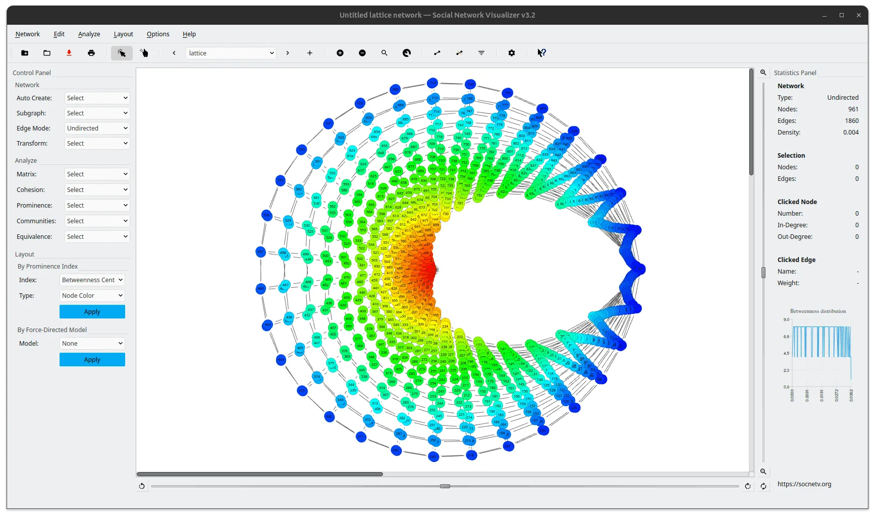 SocNetV automatically created a lattice network of 961 actors and 1860 edges - we have applied the betweenness-centrality radial layout.