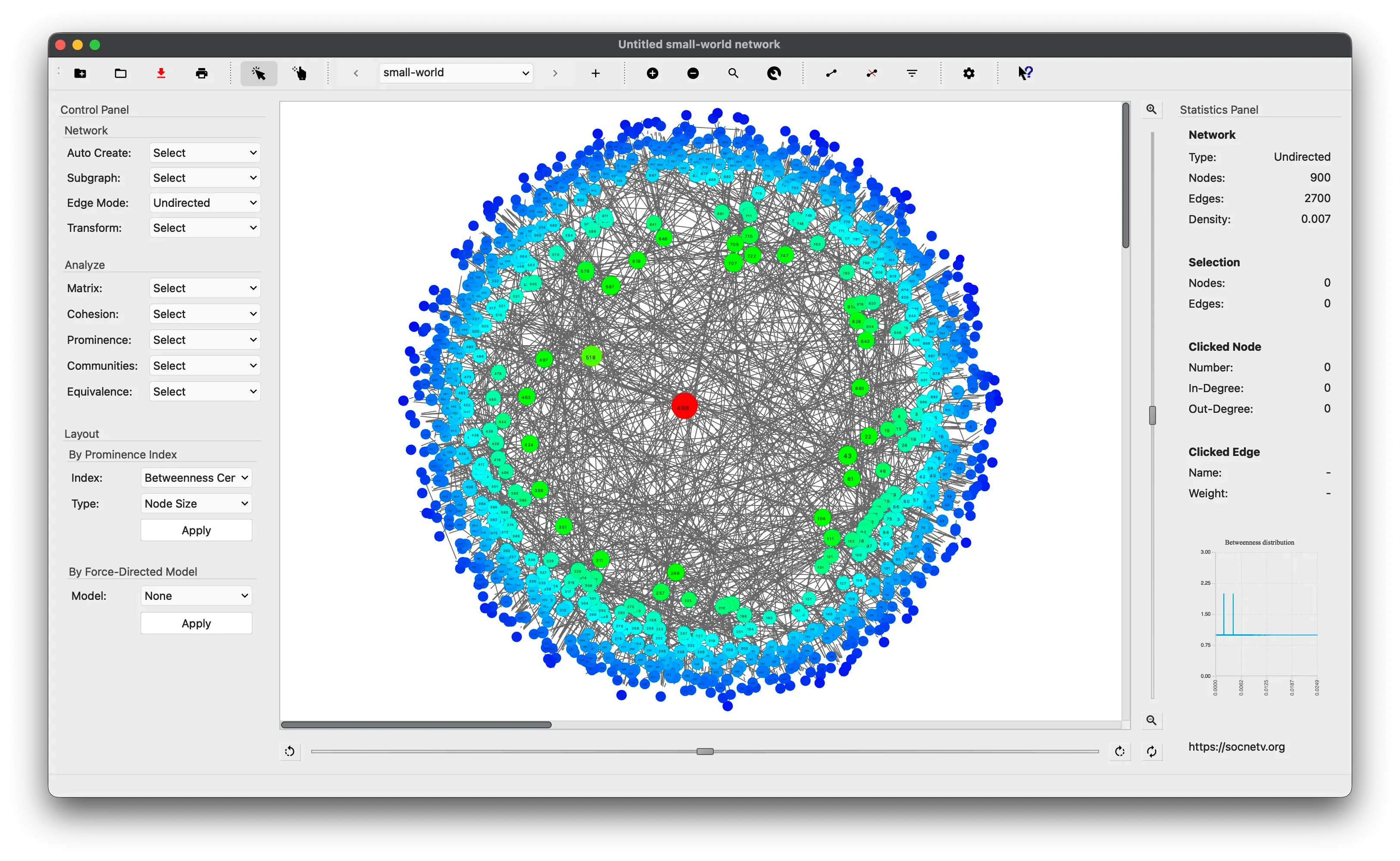SocNetV automatically created a small world ramdom network of 900 actors and 2700 edges - we have applied the betweenness-centrality radial / size layout.
