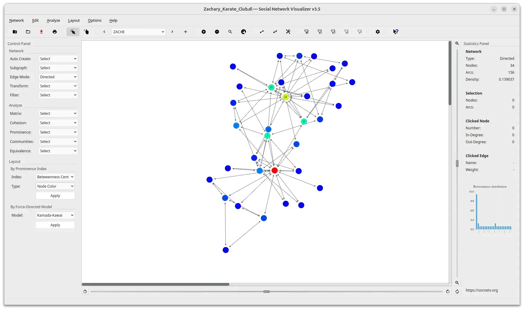 SocNetV v3.5 main window — Zachary's Karate Club network visualized with Kamada-Kawai layout and betweenness centrality node colour coding, with Control Panel and Statistics Panel visible.