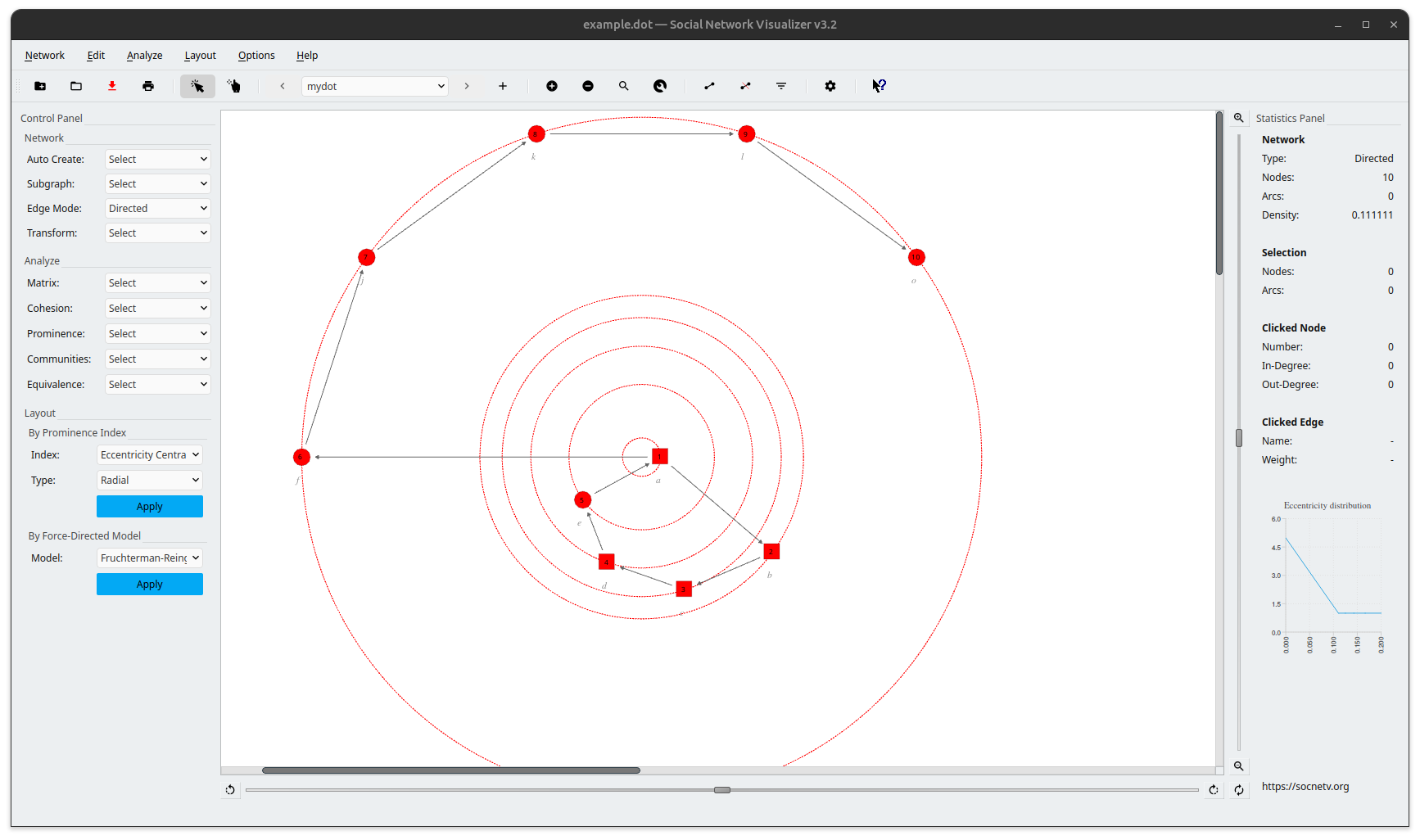 SocNetV visualizing a network from an example GraphViz file