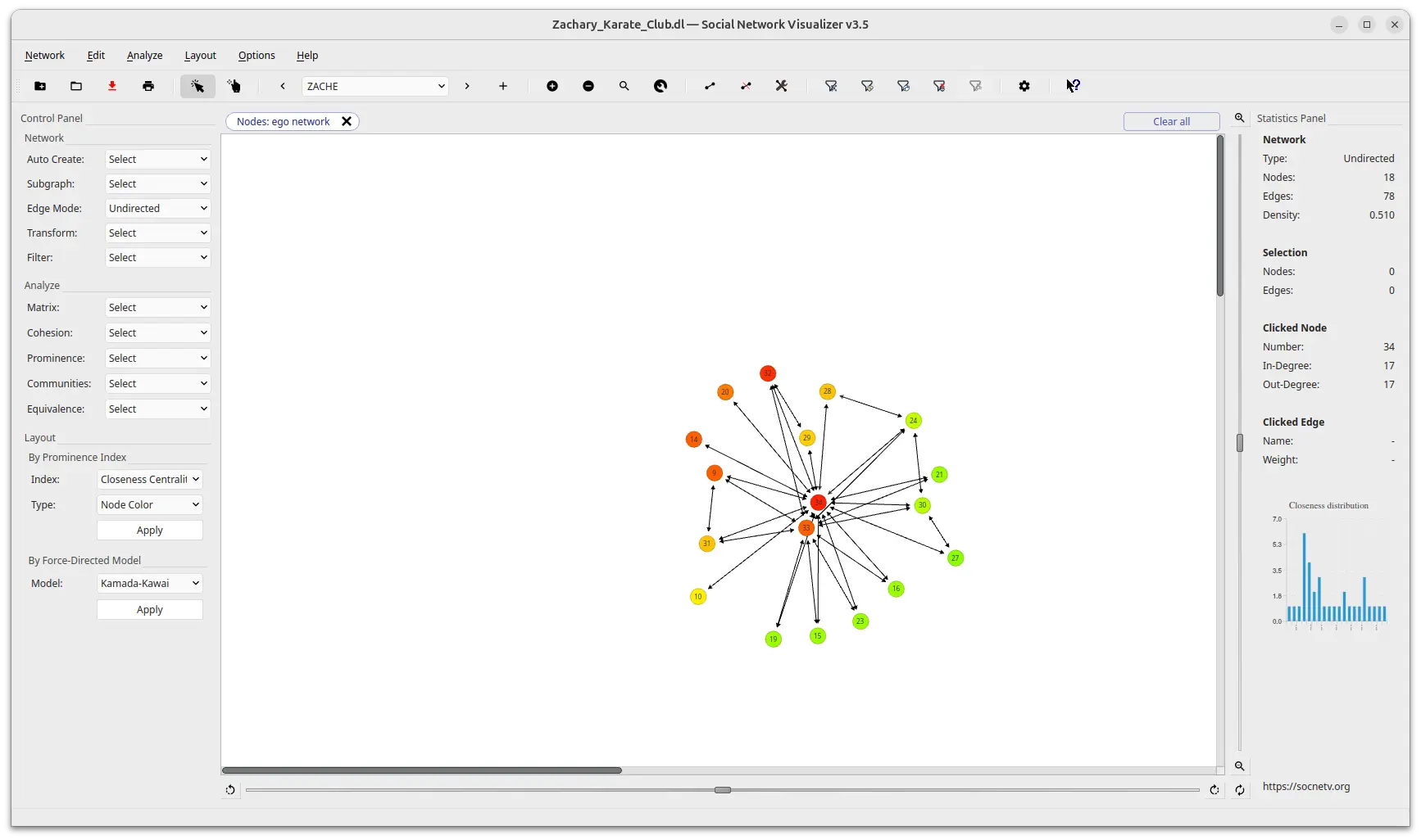 SocNetV v3.5 ego network filter active — filter bar shows 'Nodes: ego network' chip, only the selected node and its direct neighbours are visible