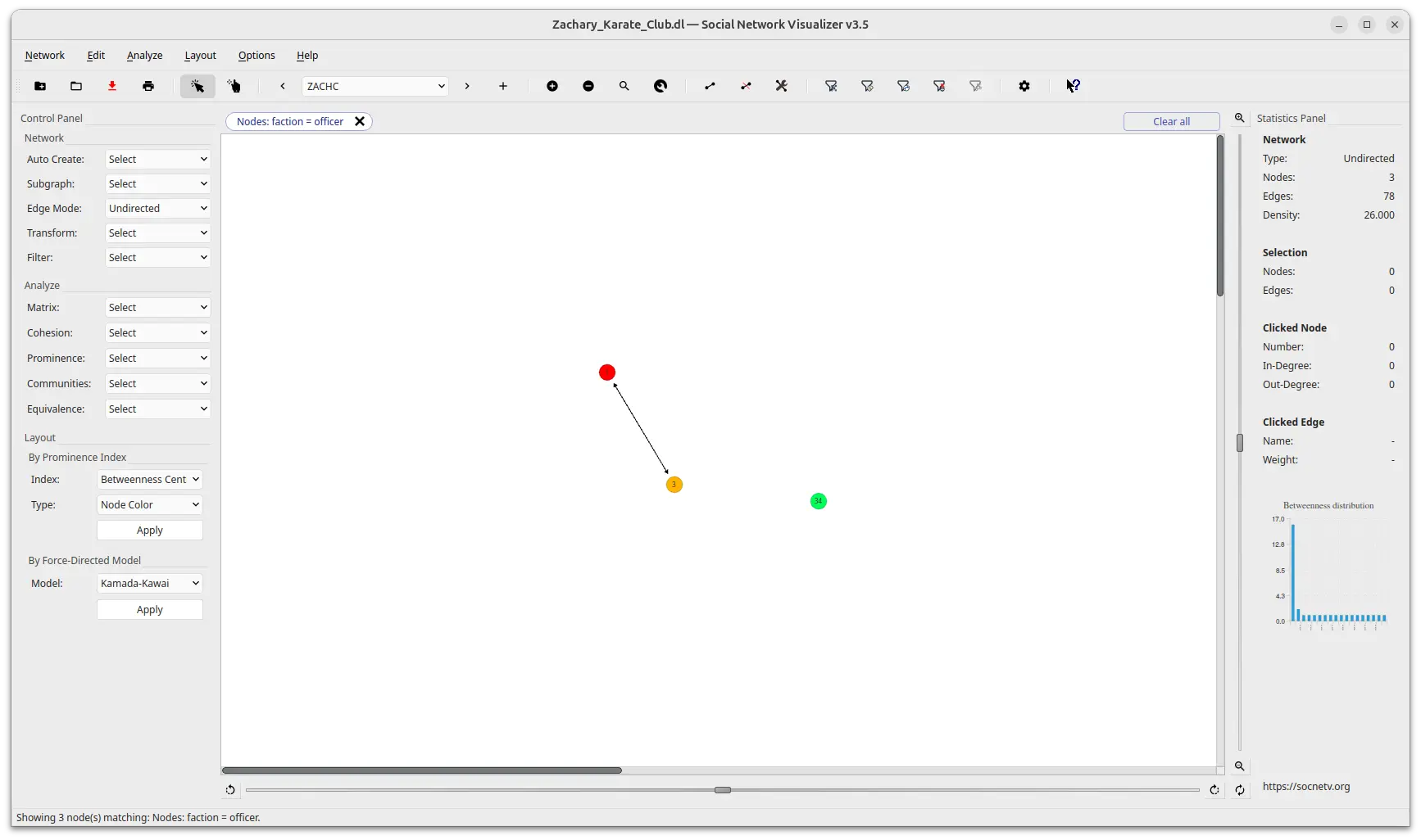 SocNetV v3.5 canvas after Filter by Attribute (faction = officer) — only matching nodes visible, filter bar chip shown