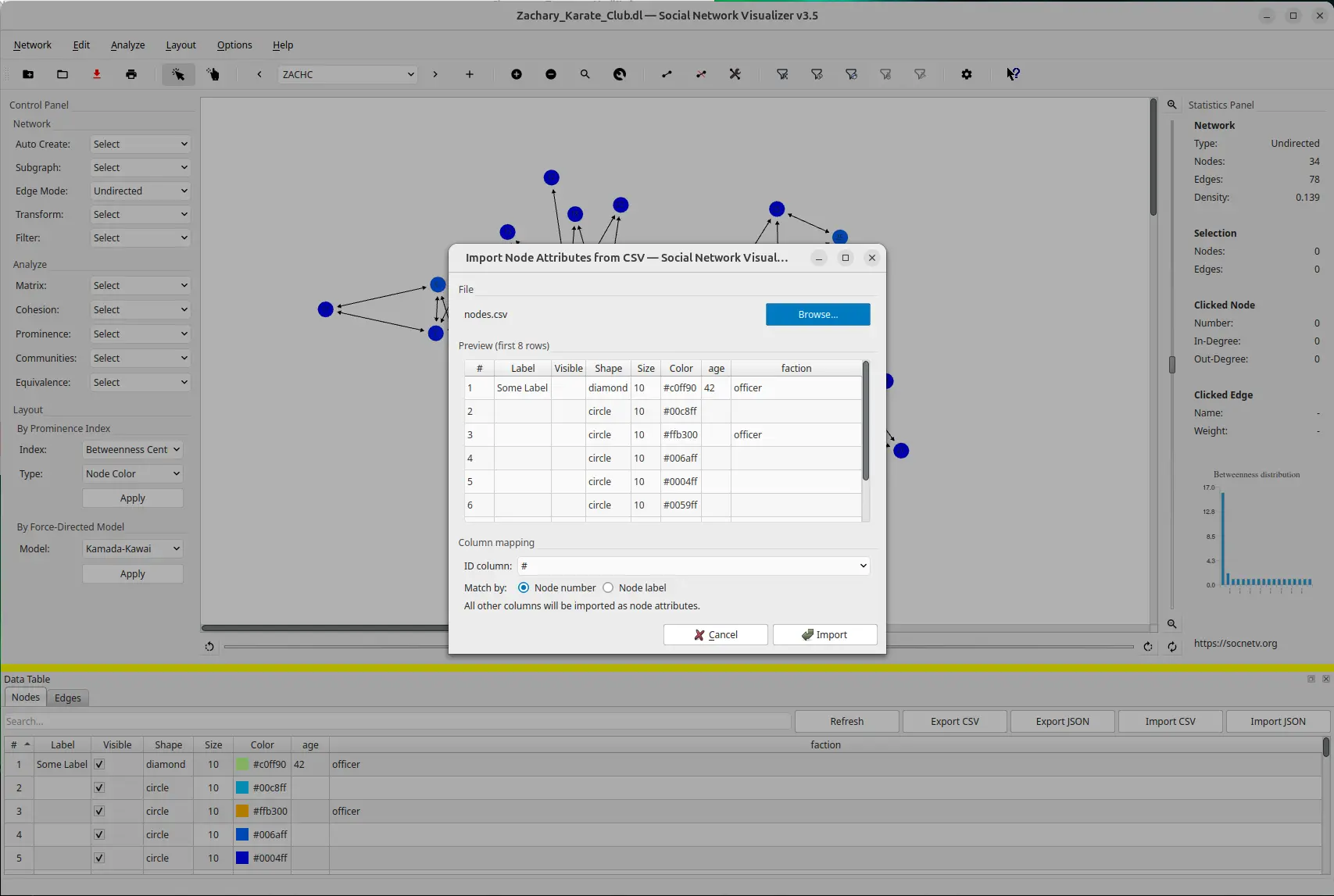 SocNetV v3.5 Import Node Attributes from CSV — file preview showing the first 8 rows, ID column selector, and Match by options