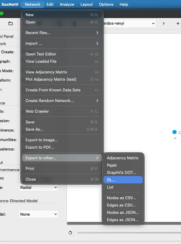 SocNetV v3.6 Network Export to other submenu — all export formats visible: Adjacency Matrix, Pajek, GraphViz DOT, UCINET DL, List (edge lists), Nodes/Edges as CSV and JSON