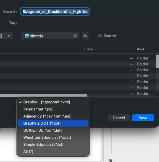 SocNetV v3.6 Save Subgraph As dialog — format dropdown open showing all seven supported output formats: GraphML, Pajek, Adjacency, GraphViz DOT, UCINET DL, Weighted Edge List, Simple Edge List