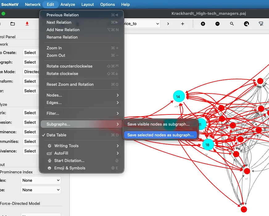 SocNetV v3.6 Edit → Subgraphs submenu — Save visible nodes as subgraph and Save selected nodes as subgraph actions; network with selected nodes visible on canvas