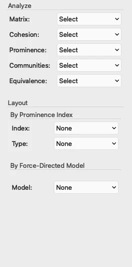 SocNetV v3.6 Control Panel Layout section — By Prominence Index (Index and Type combos, Type defaults to None) and By Force-Directed Model combo; all apply immediately with no Apply button