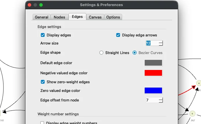 SocNetV v3.6 Settings dialog Edges tab — Arrow size spinbox (set to 12), Edge shape radio (Bezier Curves selected), Display edge arrows checkbox, Show zero-weight edges checkbox, Zero valued edge color picker