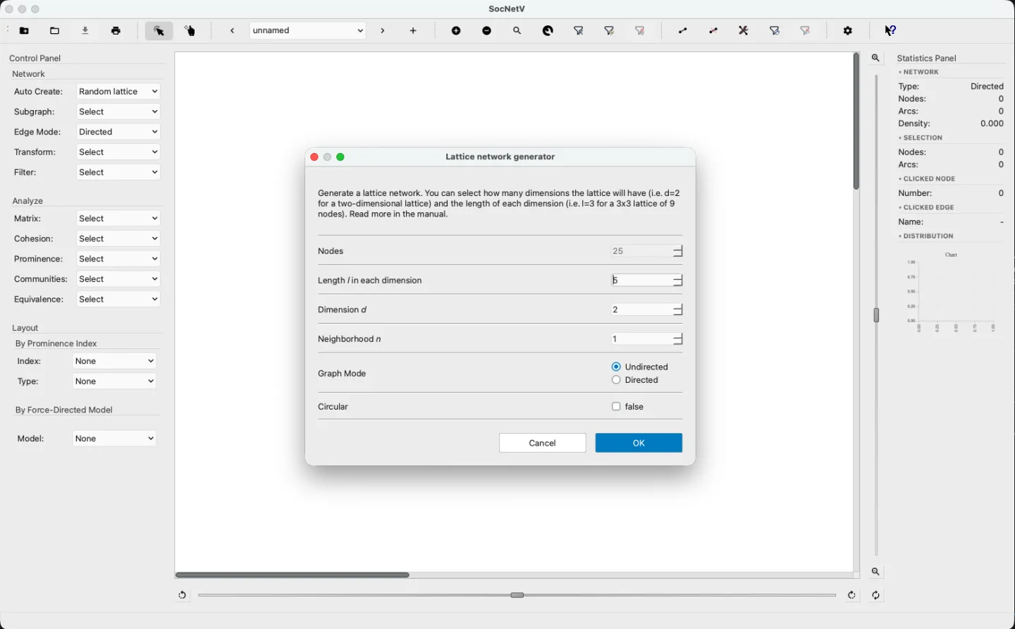 SocNetV v3.6 Lattice network generator dialog — Nodes, Length per dimension, Dimension d, Neighborhood n, Graph Mode, and Circular parameters