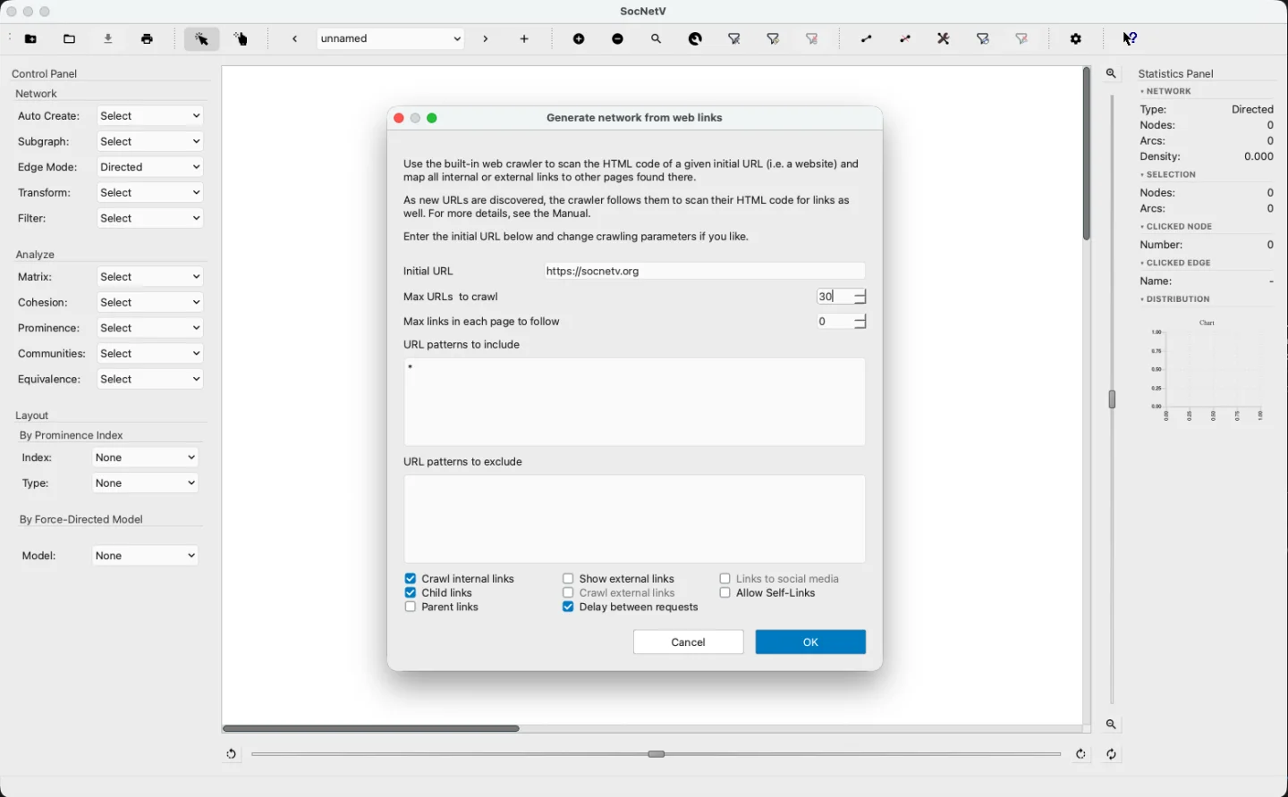 SocNetV v3.6 Web Crawler dialog — initial URL field, Max URLs to crawl, Max links per page, URL include/exclude patterns, and link-following options