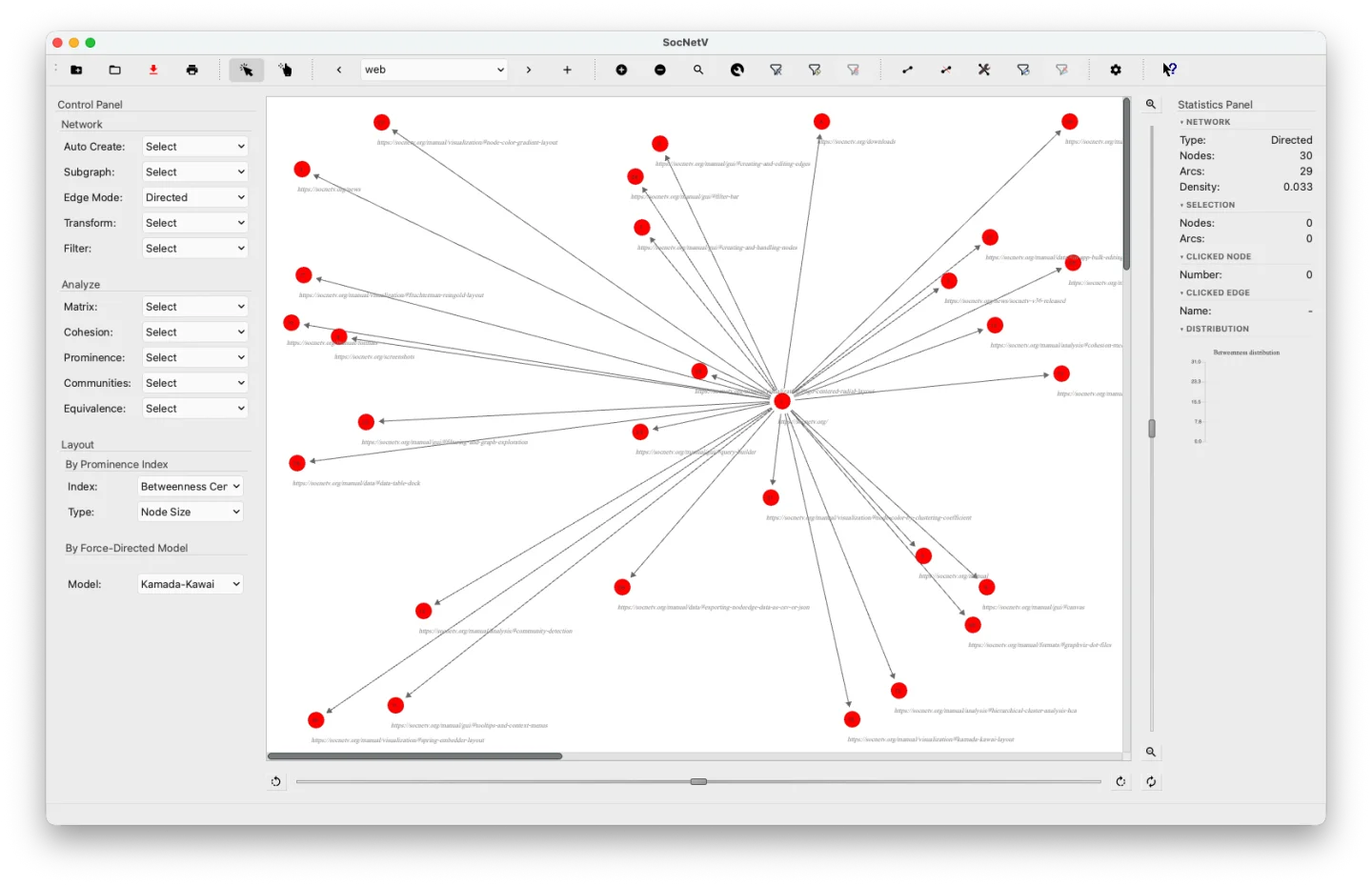 SocNetV v3.6 Web Crawler result — hub-and-spoke network of linked webpages crawled from socnetv.org; Kamada-Kawai layout with node size reflecting Betweenness Centrality