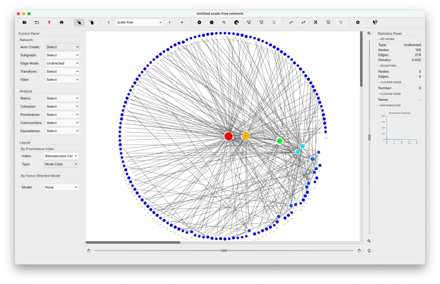 SocNetV v3.6 Barabási–Albert scale-free undirected network — radial layout with nodes colored by Betweenness Centrality (blue → red); high-BC hubs at centre, low-degree leaf nodes on outer ring