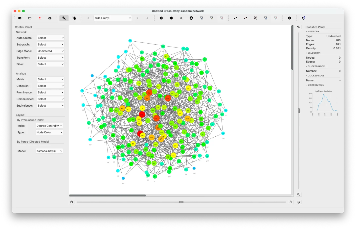 SocNetV v3.6 Erdős–Rényi G(200, 0.03) undirected network — Kamada-Kawai layout with nodes colored by Degree Centrality; large dominant component near the connectivity threshold
