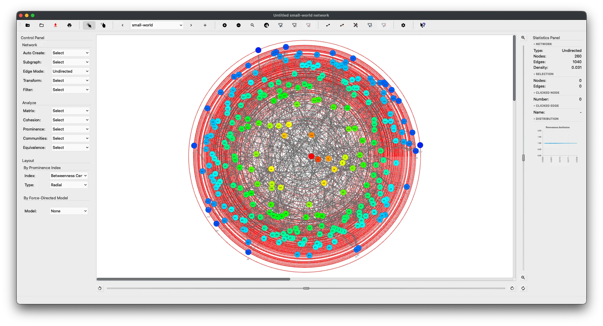 SocNetV v3.6 small-world network — 260 nodes and 1040 edges, undirected, radial layout with nodes colored by Betweenness Centrality (blue → red gradient); characteristic ring structure of a small-world graph