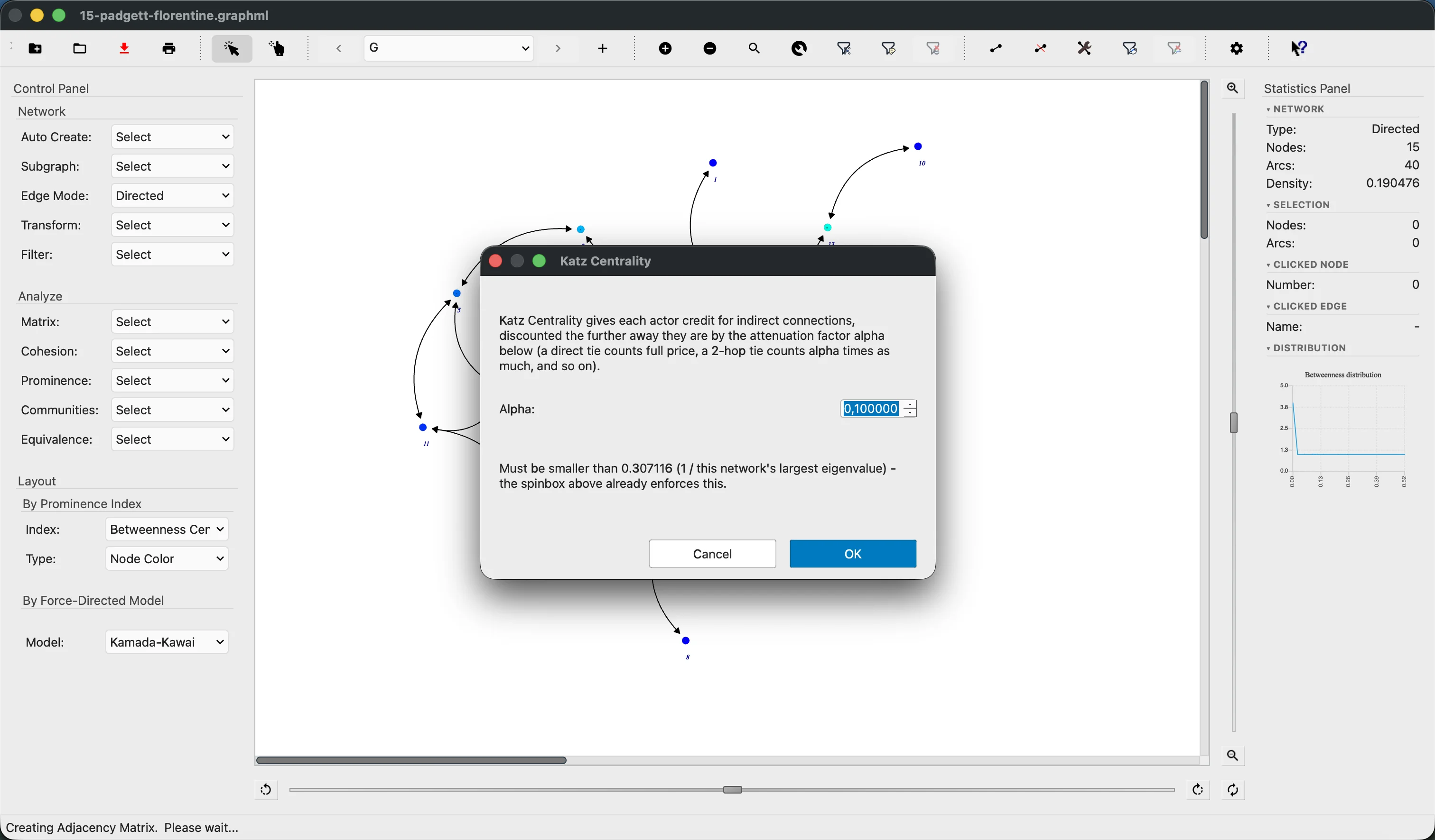 SocNetV v3.7 — Katz Centrality dialog