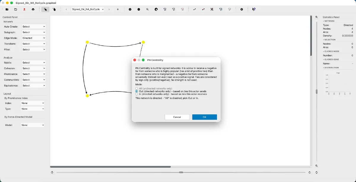 SocNetV v3.8 — PN Centrality mode dialog